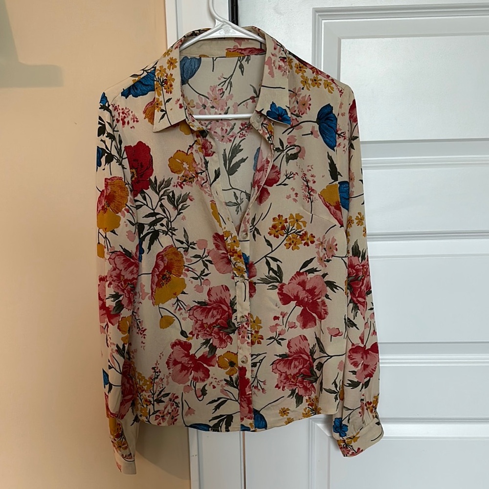 Cream and Red Notched Collar Button Down Shirt